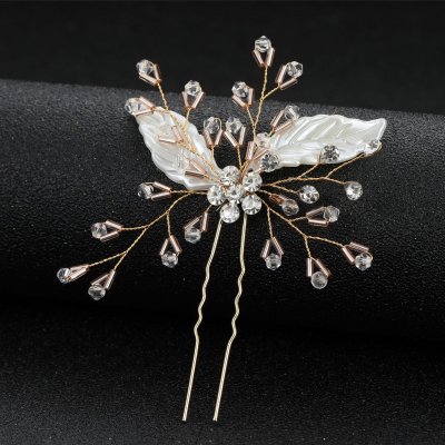 3 Piece White Long Leaf-shaped Resin and Crystal Beaded Handmade U-shaped Hairclip